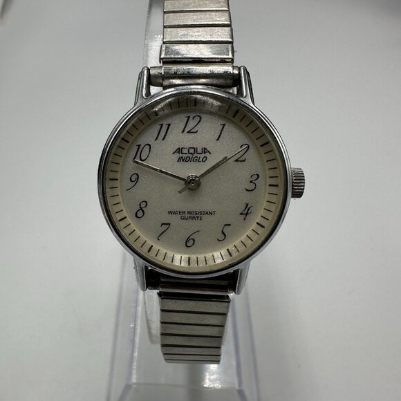 3/$30 Vintage Acqua Watch Women Silver Tone Indiglo Dial Stretch Band - Picture 1 of 14